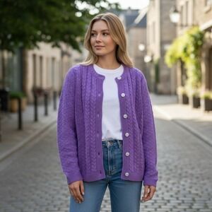 Vintage 80s Cuddle Knit Cardigan Sweater M Purple Grandmacore Librarian Modest